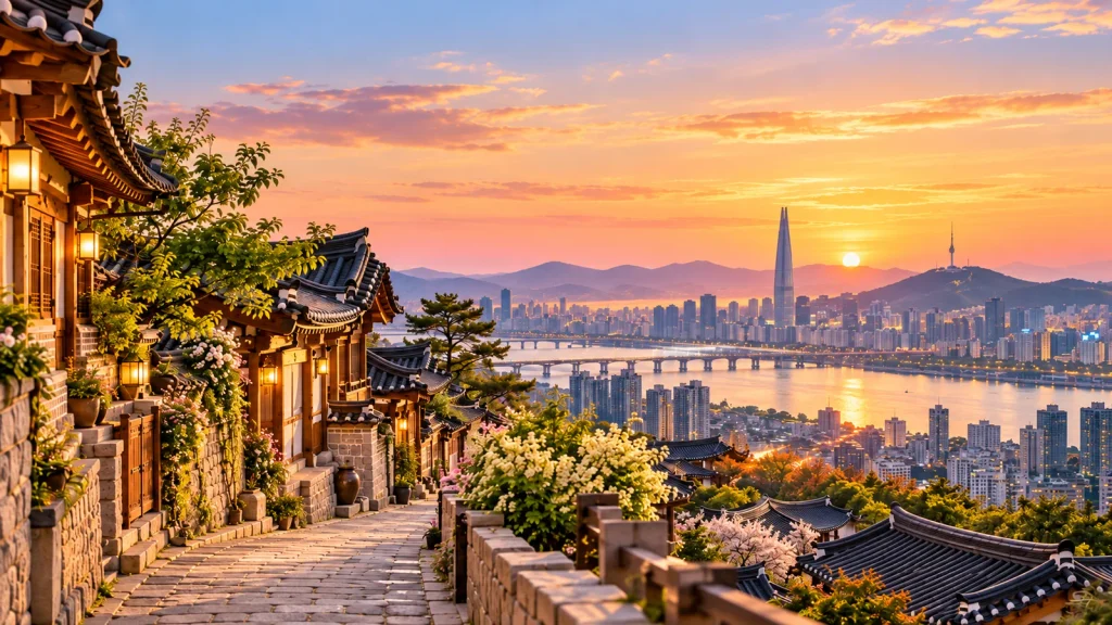 AI-generated illustration of traditional Korean hanok houses overlooking a stylized Seoul skyline at sunset.
